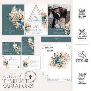 Puede incluir: Una colecci&oacute;n de plantillas de papeler&iacute;a de boda en verde azulado, blanco y dorado. El conjunto incluye invitaciones, tarjetas RSVP, tarjetas de detalles y forros de sobres. Dise&ntilde;os florales y de hierba de la pampa adornan las tarjetas. El texto incluye "The Wedding of Sarah & Thomas".