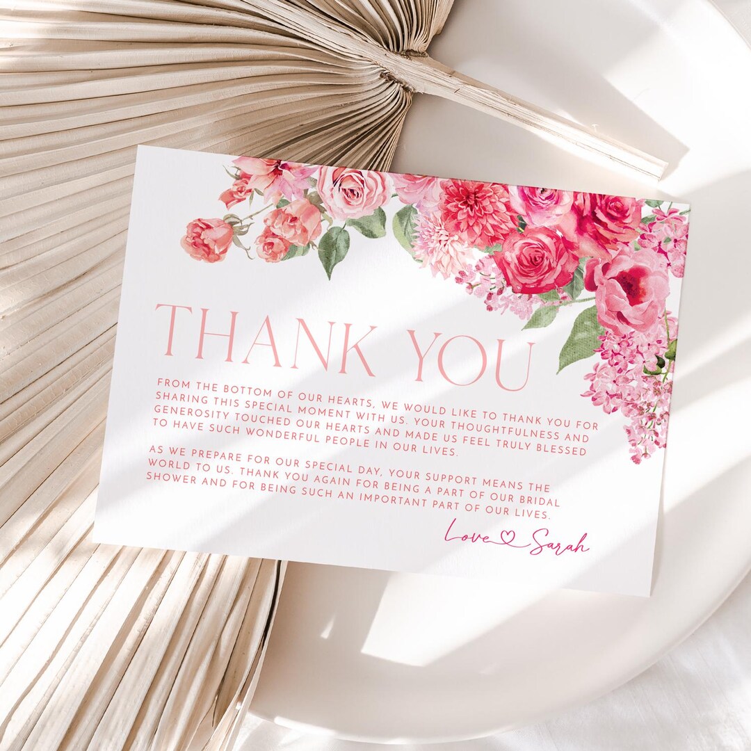 Hot Pink Floral Thank You Card Template: Bridal Shower, Wedding ...