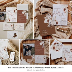 May include: A wedding stationery suite featuring white and terracotta cards with dried floral illustrations. The text includes The Wedding of Sarah and Thomas, RSVP, Details, and Gifts. Includes envelopes, a photo card, and a wax seal stamp.
