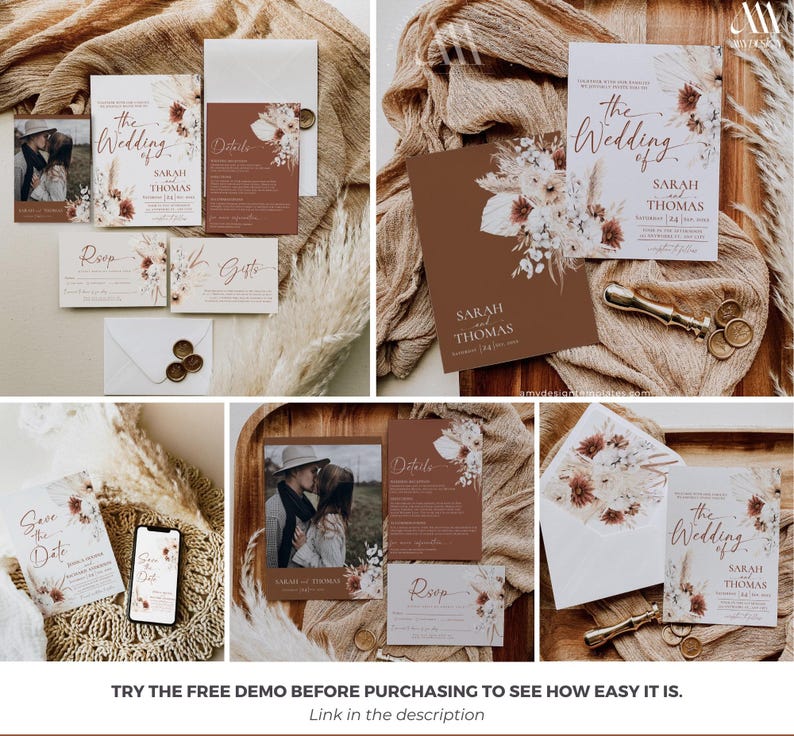May include: A wedding stationery suite featuring white and terracotta cards with dried floral illustrations. The text includes The Wedding of Sarah and Thomas, RSVP, Details, and Gifts. Includes envelopes, a photo card, and a wax seal stamp.