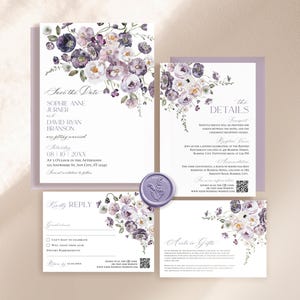 紫色の結婚式招待状テンプレート、QRコード付き結婚式招待状セット、バイオレットポピーの結婚式招待状、日付カード印刷可能 E075