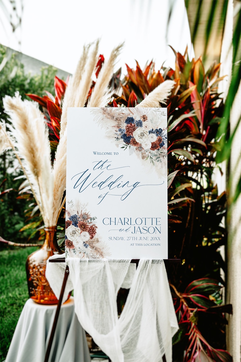May include: A wedding welcome sign featuring a watercolour floral design in shades of blue, white, and red. The sign reads "Welcome to the Wedding of Charlotte and Jason, Sunday, 27th June 20XX, at this location."