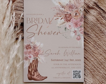 Boho Western Bridal Shower Invitation with QR Code | Cowgirl Boot Muted Terracotta Invite | Rustic Desert Chic Printable