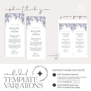 May include: A wedding napkin thank you note template featuring a purple floral wisteria design at the top. The text reads Welcome and Thanks, followed by a message to family and friends, ending with Sophie and David, Sunday, 27.08.2023. Includes 4x9 inch layout options.