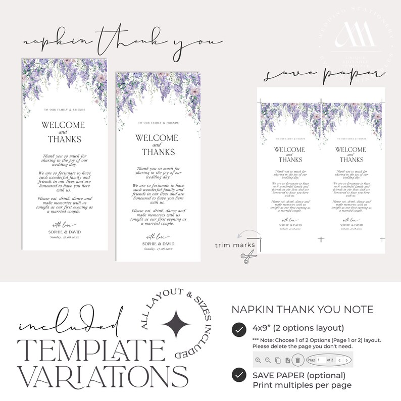 May include: A wedding napkin thank you note template featuring a purple floral wisteria design at the top. The text reads Welcome and Thanks, followed by a message to family and friends, ending with Sophie and David, Sunday, 27.08.2023. Includes 4x9 inch layout options.