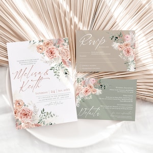 May include: A wedding invitation suite featuring a main card, an RSVP card, and a details card. The stationery displays floral illustrations in shades of peach and green, with elegant script text reading Melisa & Keith and RSVP.