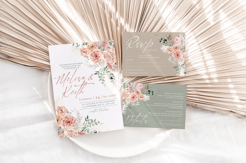May include: A wedding invitation suite featuring a main card, an RSVP card, and a details card. The stationery displays floral illustrations in shades of peach and green, with elegant script text reading Melisa & Keith and RSVP.