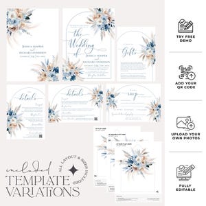 May include: A wedding invitation suite template with a blue and beige floral design. The template includes a main invitation, details card, RSVP card, and gift card. The text on the invitation reads "The Wedding of Jessica Hooper and Richard Anderson, Saturday, 24th, 20XX".
