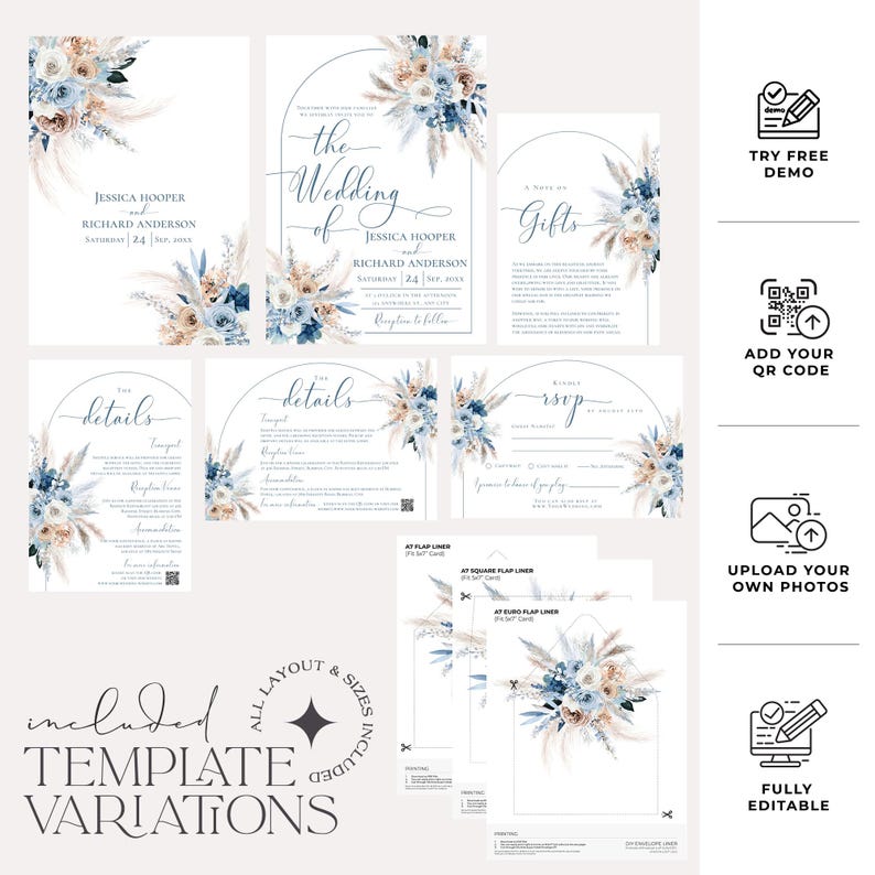 May include: A wedding invitation suite template with a blue and beige floral design. The template includes a main invitation, details card, RSVP card, and gift card. The text on the invitation reads "The Wedding of Jessica Hooper and Richard Anderson, Saturday, 24th, 20XX".