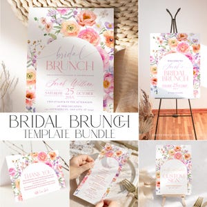 Floral Bridal Brunch Invitation Template Bundle – Bright Flower Bridal Shower Brunch Invitations, Editable Menu, Place Cards, Signs A048