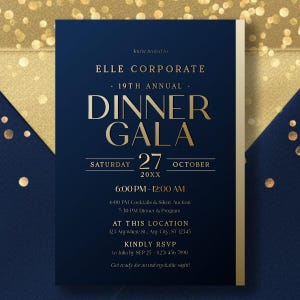 Luxury Navy Gold Dinner Gala Invitation Template 5x7 | Editable Corporate Event Invite | Formal Annual Party E-Vite Corjl