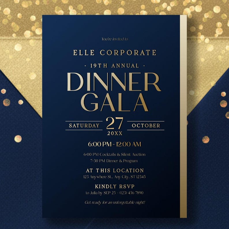 Luxury Navy Gold Dinner Gala Invitation Template 5x7 | Editable Corporate Event Invite | Formal Annual Party E-Vite Corjl