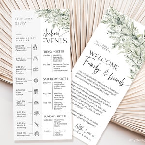 Greenery Wedding Itinerary Template, Modern Wedding Weekend Itinerary Template, Welcome Letter Timeline Schedule Weekend Events