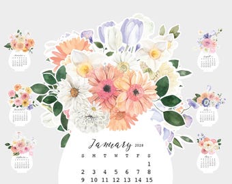 Pastel Dahlia Peony Vase Desk Calendar Planner Printable, Spring Floral Bouquet Monthly Cards 2027 2028, Aesthetic Desk Accessories