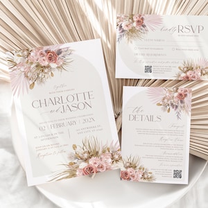 Modèle de faire-part de mariage bohème rose, code QR, faire-part de mariage bohème rose, herbe de la pampa bohème réservez les cartes D016