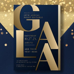 Könnte beinhalten: Marineblaue Einladung mit goldenem Text. Das Design zeigt die Buchstaben "G" und "A" in einer kräftigen, stilisierten Schriftart. Der Text enthält "19th Annual", "Samstag 10.27.2X" und "Add Your Text Here".