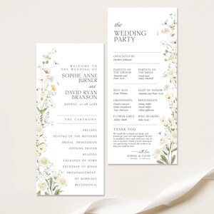 May include: Wedding ceremony program with floral accents. The program includes the names of the bride and groom, the wedding party, and the ceremony details. The design features a white background with delicate floral arrangements.