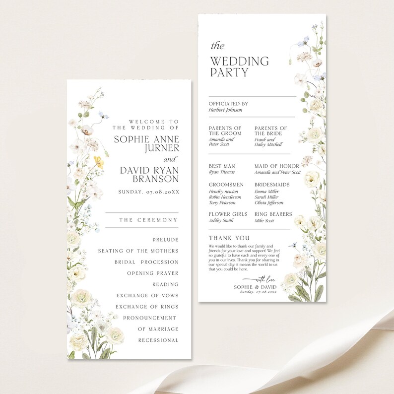 May include: Wedding ceremony program with floral accents. The program includes the names of the bride and groom, the wedding party, and the ceremony details. The design features a white background with delicate floral arrangements.