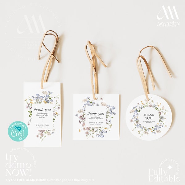 Wildflower Wedding Favor Tags, Wildflower Favor Tag Printable, Personalized Tag Template, Wedding Tag Printable D002