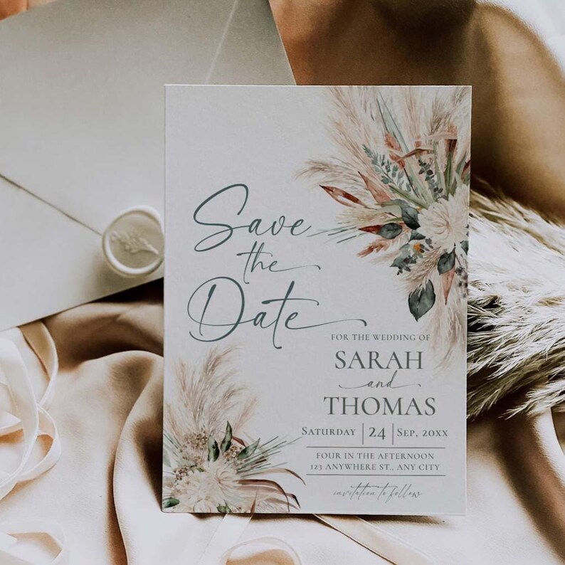 Greenery Wedding Save The Date Template with Photo, Sage Green Save The Date Card, Boho Wedding Printable E008