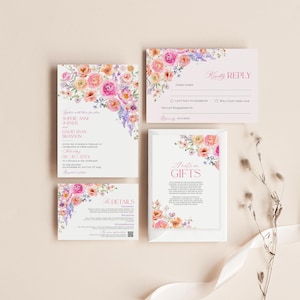 May include: A wedding invitation suite featuring a main invitation, a RSVP card, a details card, and a gift note card. Each piece is decorated with watercolor floral illustrations in shades of pink, orange, and purple on white cardstock.