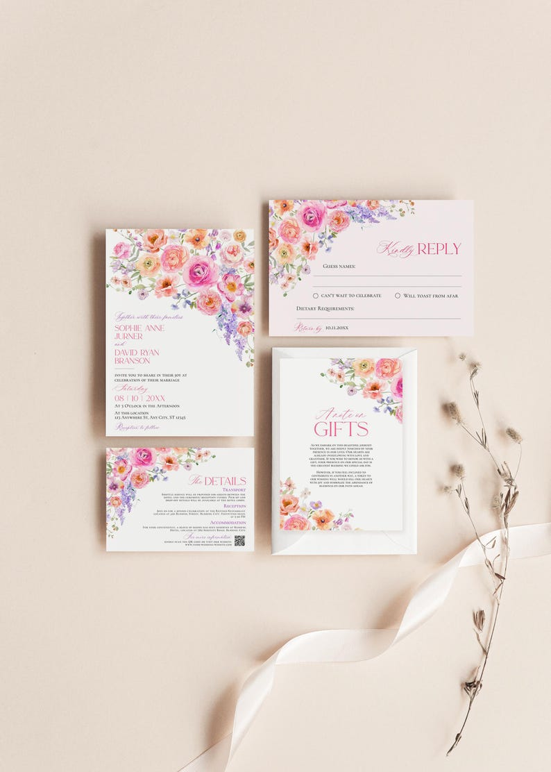 May include: A wedding invitation suite featuring a main invitation, a RSVP card, a details card, and a gift note card. Each piece is decorated with watercolor floral illustrations in shades of pink, orange, and purple on white cardstock.