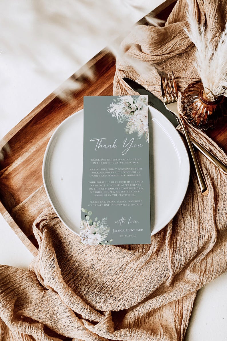 Minimal Wedding Table Thank You Template, Thank You Napkin Note, Place Setting Cards, Dessert Wedding Thank You, Boho Greenery Template D024