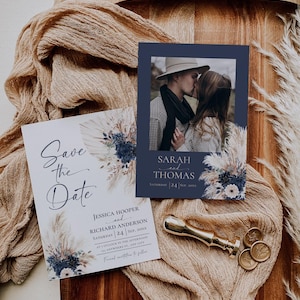 Cartes de réservation pour mariage bleu marine bohème, mariage bohème bleu marine, réservez cette date modèle avec photo E108