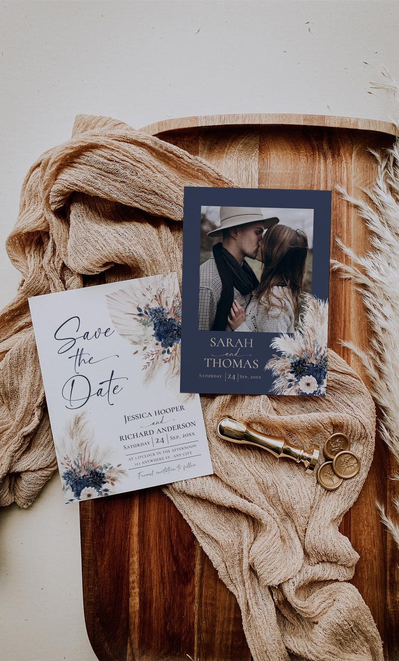 Boho Navy Blue Wedding Save the Date Cards, Navy Bohemian Wedding Save the Date Template with Photo E108