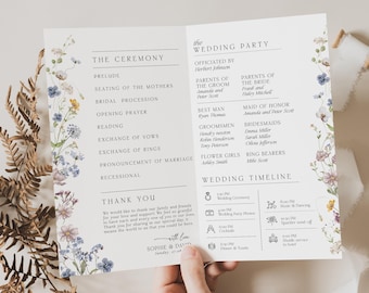 Peut inclure: Un programme de cérémonie de mariage avec un motif floral. Le programme comprend l'ordre des événements, la fête de mariage et un calendrier de mariage. Le texte comprend les noms de la mariée et du marié, Sophie et David, et la date du mariage, dimanche 27.08.