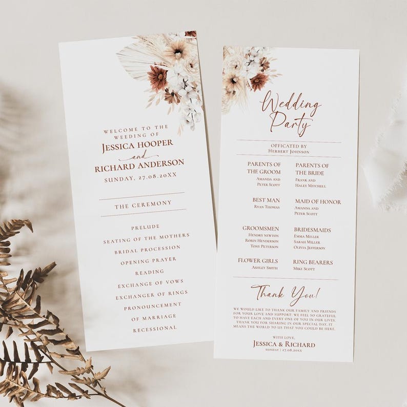 May include: A wedding ceremony program with a floral design in shades of brown, white, and beige. The program lists the order of the ceremony and the wedding party.