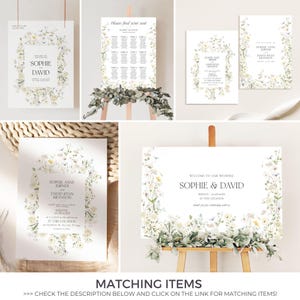 May include: A collection of wedding stationery featuring floral designs. Includes a welcome sign, seating chart, and invitation cards. The signs and cards have the names "Sophie & David" and "Sophie Anne Jurner and David Ryan Branson".