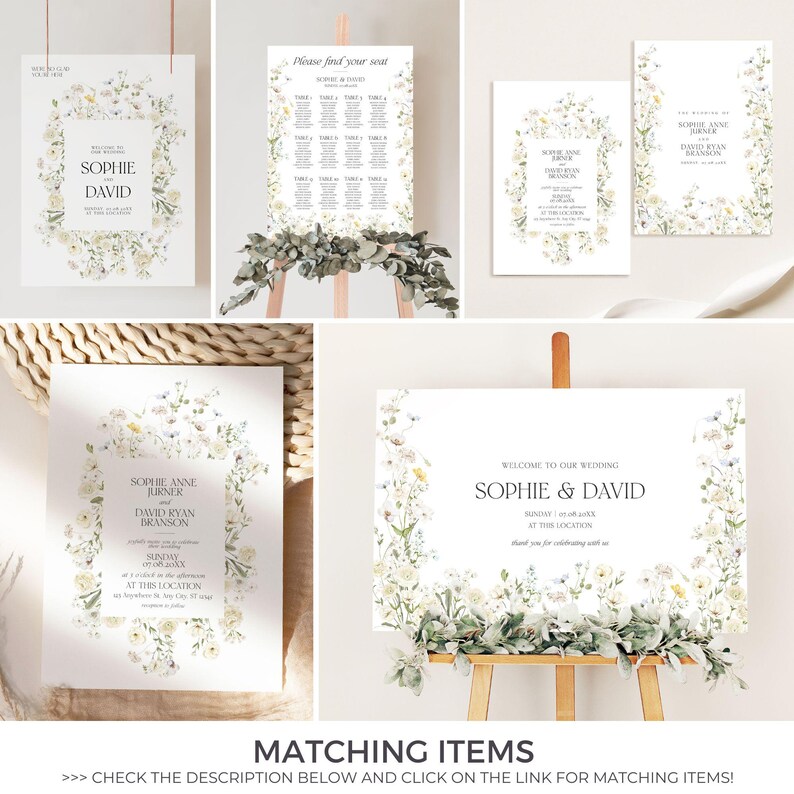 May include: A collection of wedding stationery featuring floral designs. Includes a welcome sign, seating chart, and invitation cards. The signs and cards have the names "Sophie & David" and "Sophie Anne Jurner and David Ryan Branson".