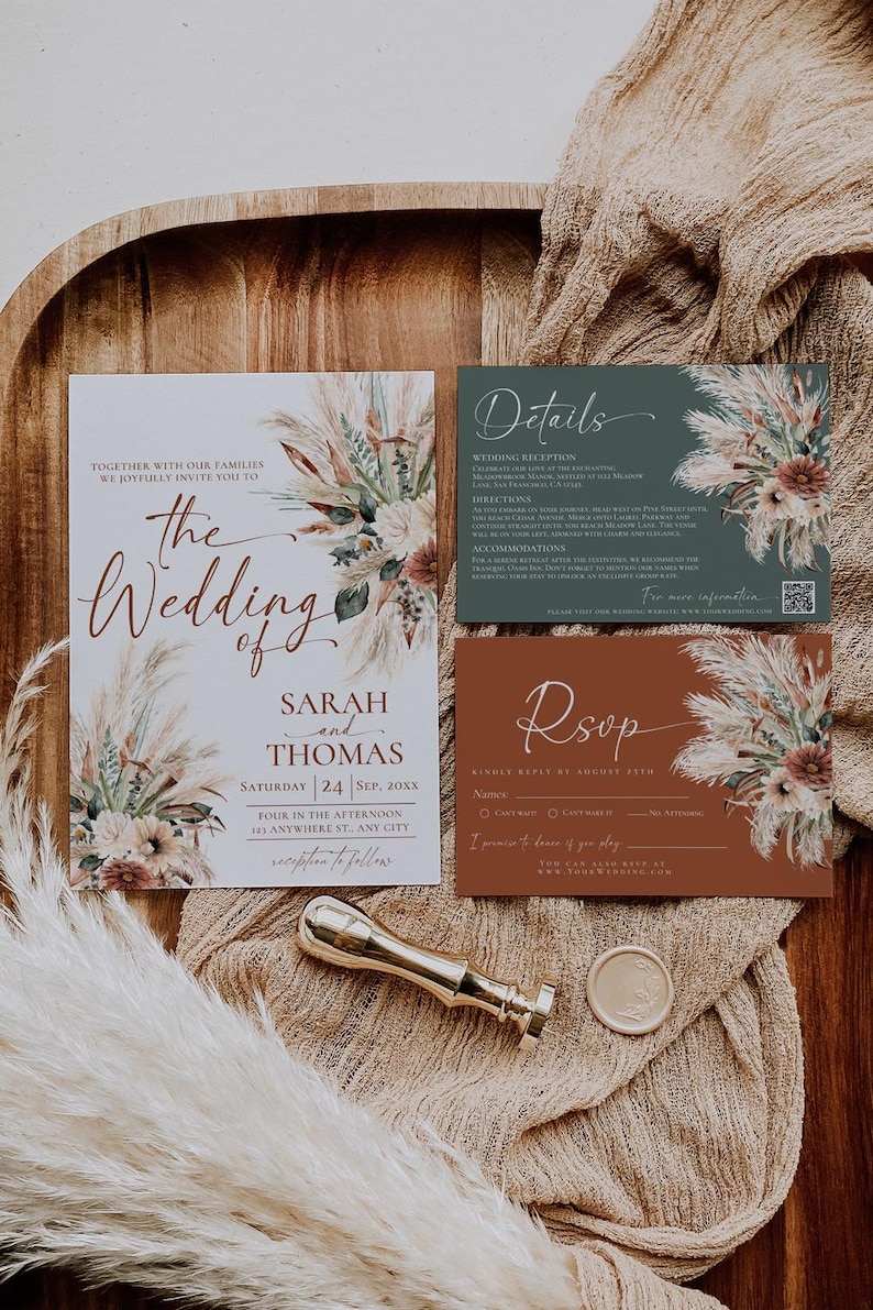 Boho Rustic Wedding Invitation Template, Boho Wedding Invitation Card Printable, Terracotta Sage Green Wedding Invite Set with Pampas Grass