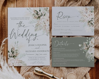 Boho Wedding Invitation Template, Greenery Wedding Invite Suite Template, Wedding Set, Sage Green Pampas Editable Printable Template D024