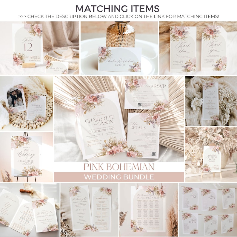 May include: Pink Bohemian Wedding Bundle printable stationery set with floral and gold accents. Includes invitations, RSVP cards, table numbers, and more.