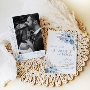 Boho Dusty Blue Wedding Save the Date Cards, Blue Wedding Save the Date Template with Photo, Photo Save the Date Template D010