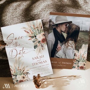 Modelo de reserva de data estilo Boho Rust, Reserve nossa data com foto, Cartão de reserva de data para casamento para impressão, Casamento rústico Boho D036