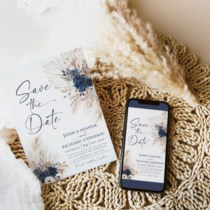 Boho Navy Blue Wedding Save the Date Cards, Navy Bohemian Wedding Save the Date Template with Photo E108