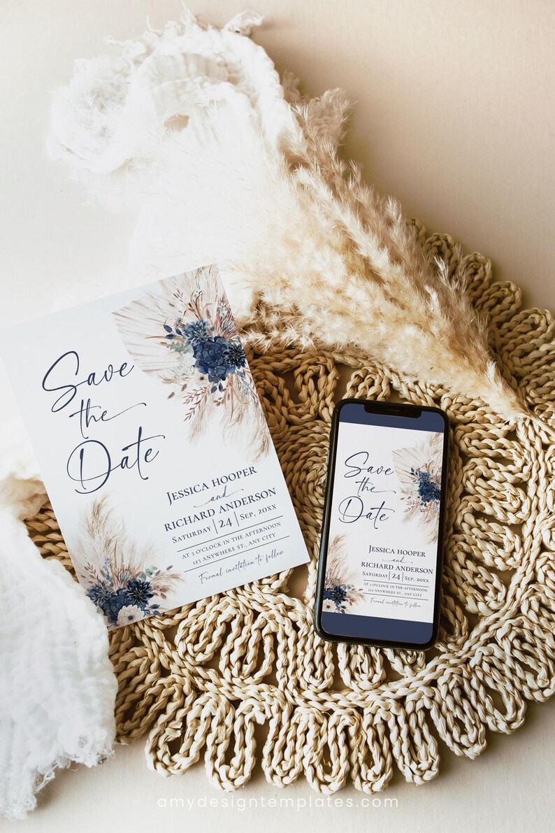 Boho Navy Blue Wedding Save the Date Cards, Navy Bohemian Wedding Save the Date Template with Photo E108