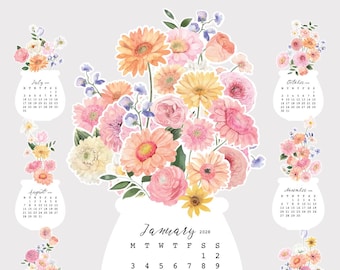 Watercolor Gerbera Dahlia Jar Desk Calendar Printable Desk Planner | Floral Bouquet Monthly Cards Cutting Machine SVG | Calendar 2027 2028