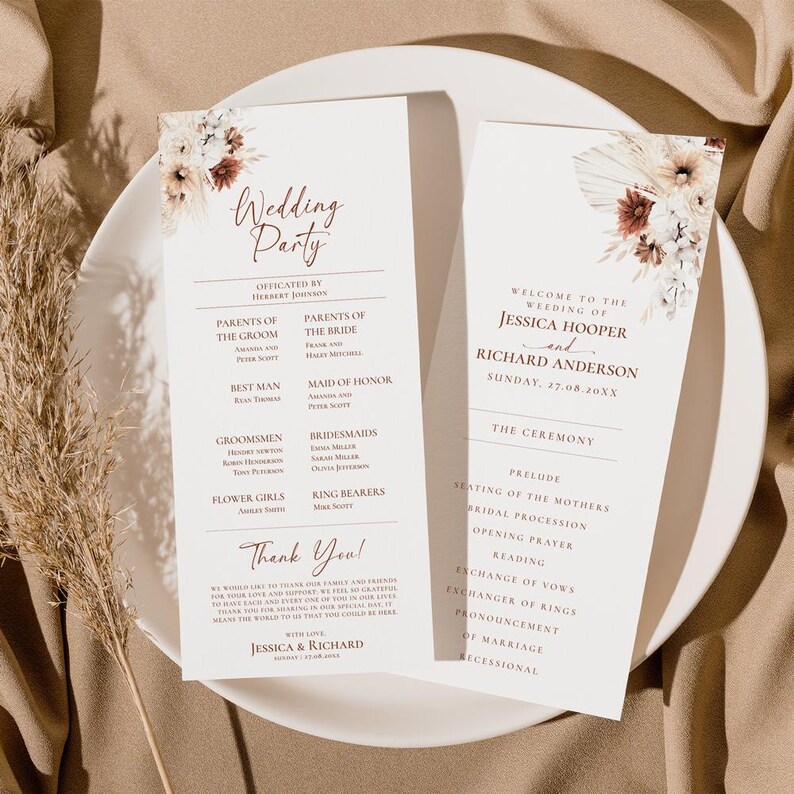 May include: Wedding ceremony program with a floral design in shades of brown, white, and beige. The program lists the wedding party, the officiant, and the order of the ceremony. The text reads "Welcome to the Wedding of Jessica Hooper and Richard Anderson, Sunday, 47.08.20XX".