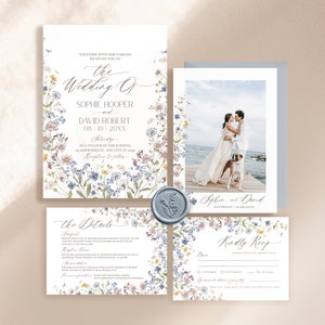May include: Wedding invitation suite with a floral design. The main invitation features a watercolor illustration of wildflowers and the text "The Wedding of Sophie Hooper and David Robert". The RSVP card has a floral border and the text "Kindly RSVP".