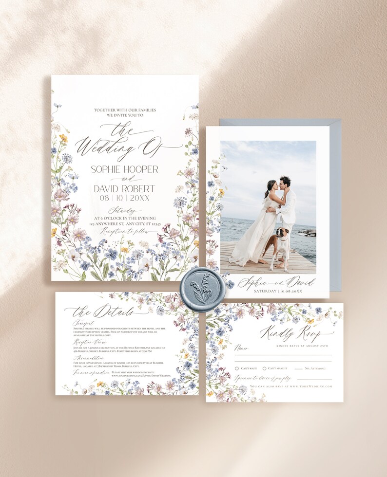 May include: Wedding invitation suite with a floral design. The main invitation features a watercolor illustration of wildflowers and the text "The Wedding of Sophie Hooper and David Robert". The RSVP card has a floral border and the text "Kindly RSVP".
