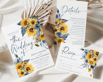Sunflower Dusty Blue Floral Wedding Invitation Suite Template (Printable)
