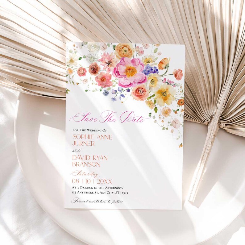 Bright Floral Save The Date Card, Colorful Flowers Save The Date Template with Photo, Save Our Date Instant Download E083