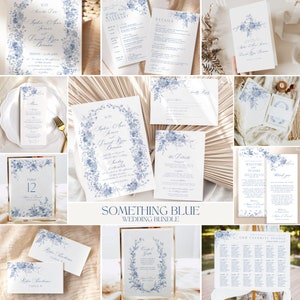 May include: A wedding invitation suite with a blue floral design. The suite includes a save the date card, invitation, RSVP card, details card, weekend itinerary card, table number card, welcome sign, thank you card, seating chart, and a menu card. The text on the invitation reads "Sophie Anne & David Ryan Branson".