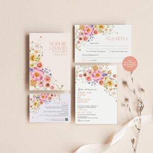 Floral Garden Wedding Invitation Template Editable, Bright Floral Wedding Invitation Set, Colorful Flowers Wedding Invite