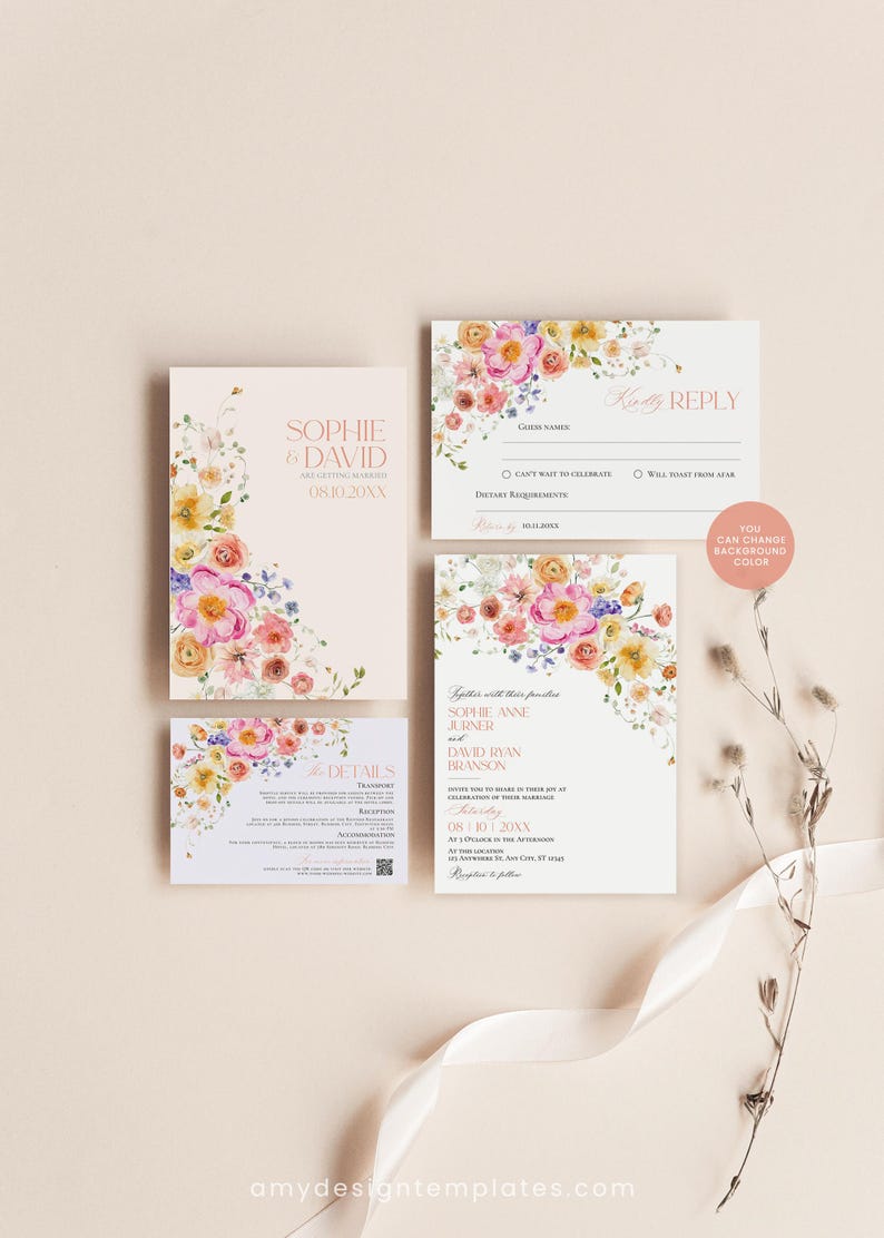 Floral Garden Wedding Invitation Template Editable, Bright Floral Wedding Invitation Set, Colorful Flowers Wedding Invite