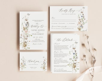 Wildflower Wedding Invitation Suite Template, Botanical Wedding Invitation Template, Wildflower Wedding Template, Elegant Wedding Set E046